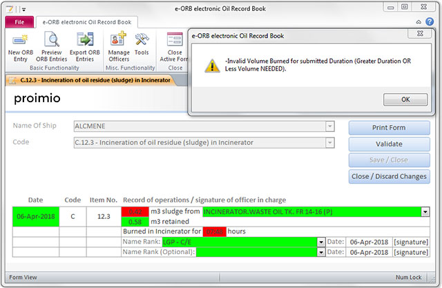 e-orb.proimio.com e-ORB electronic Oil Record Book eORB Data Entry Validation Screenshot